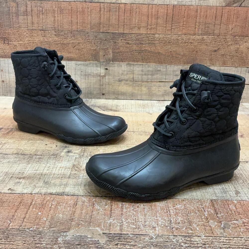 Sperry Rain Boots Womens Size 8.5 39.5 Black Rubber Ankle Zip Lace Up STS88944